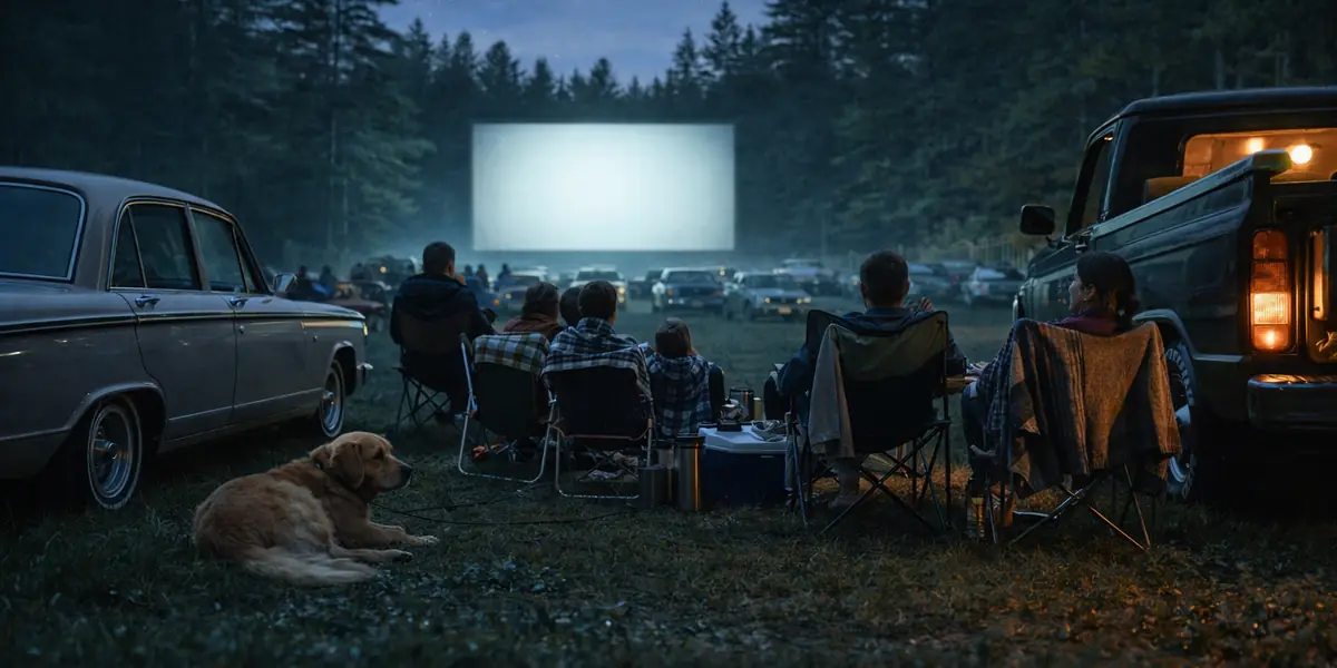 Drive-in movie screen in a forest clearing in Maine at twilight