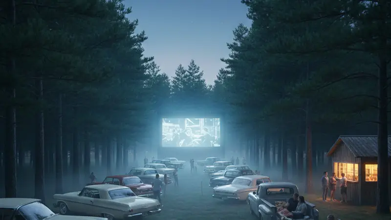 Cars parked at a New England drive-in theater on a summer evening